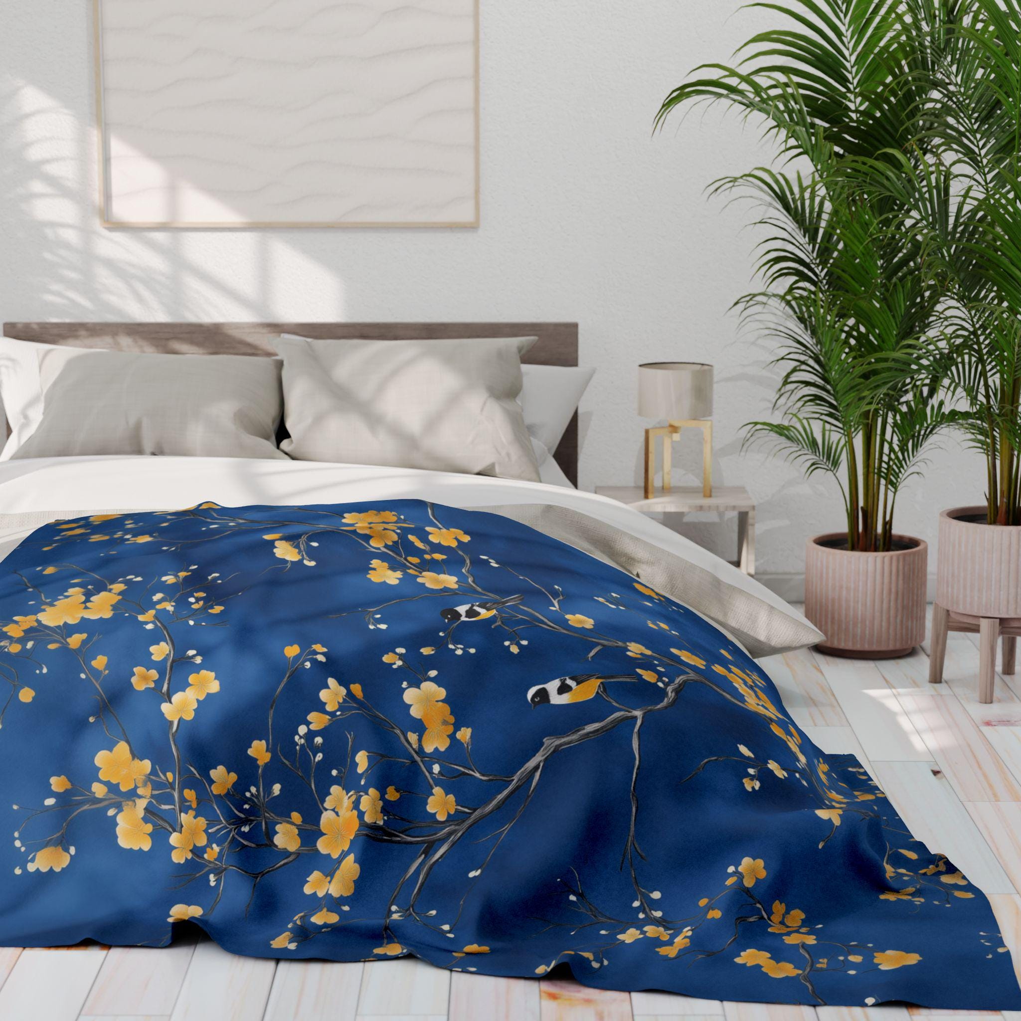 Royal Blue Chinoiserie Throw Blanket: Elegant, Asian-Inspired with Yellow Blossoms and Birds