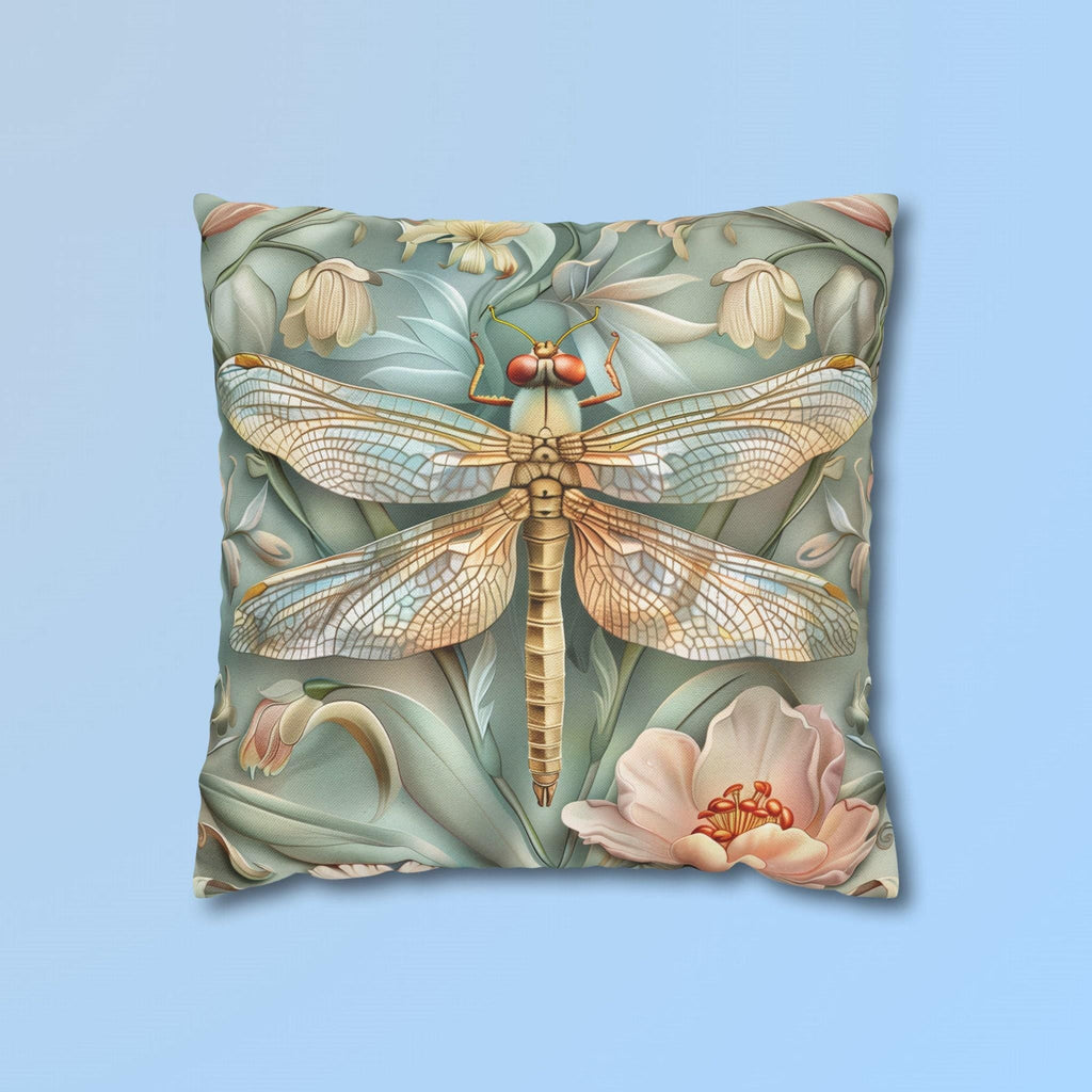 William Morris Inspired Dragonfly Pillow Cover: Elegant Blue, Gold & Pink Nature Design Gift