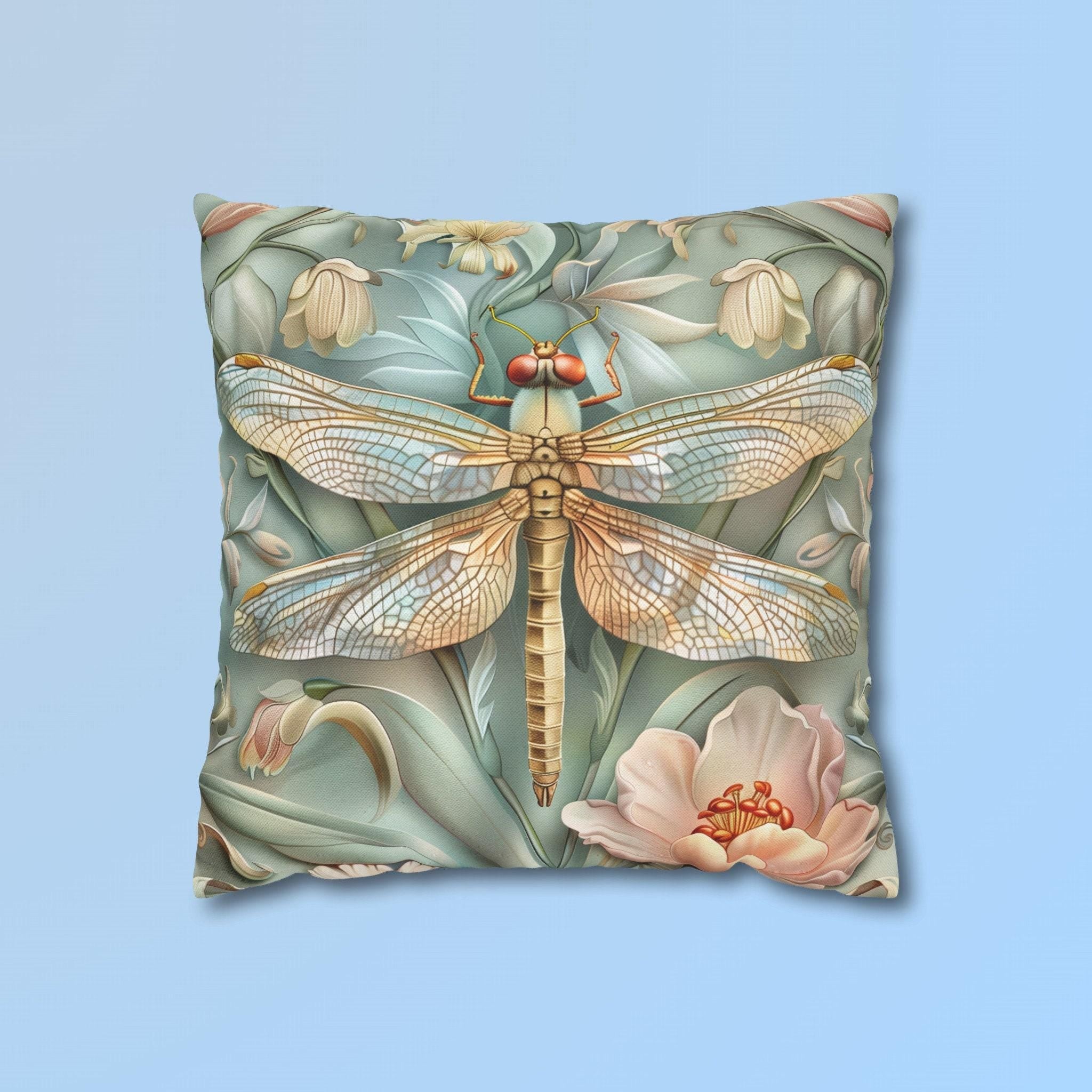 William Morris Inspired Dragonfly Pillow Cover: Elegant Blue, Gold & Pink Nature Design Gift