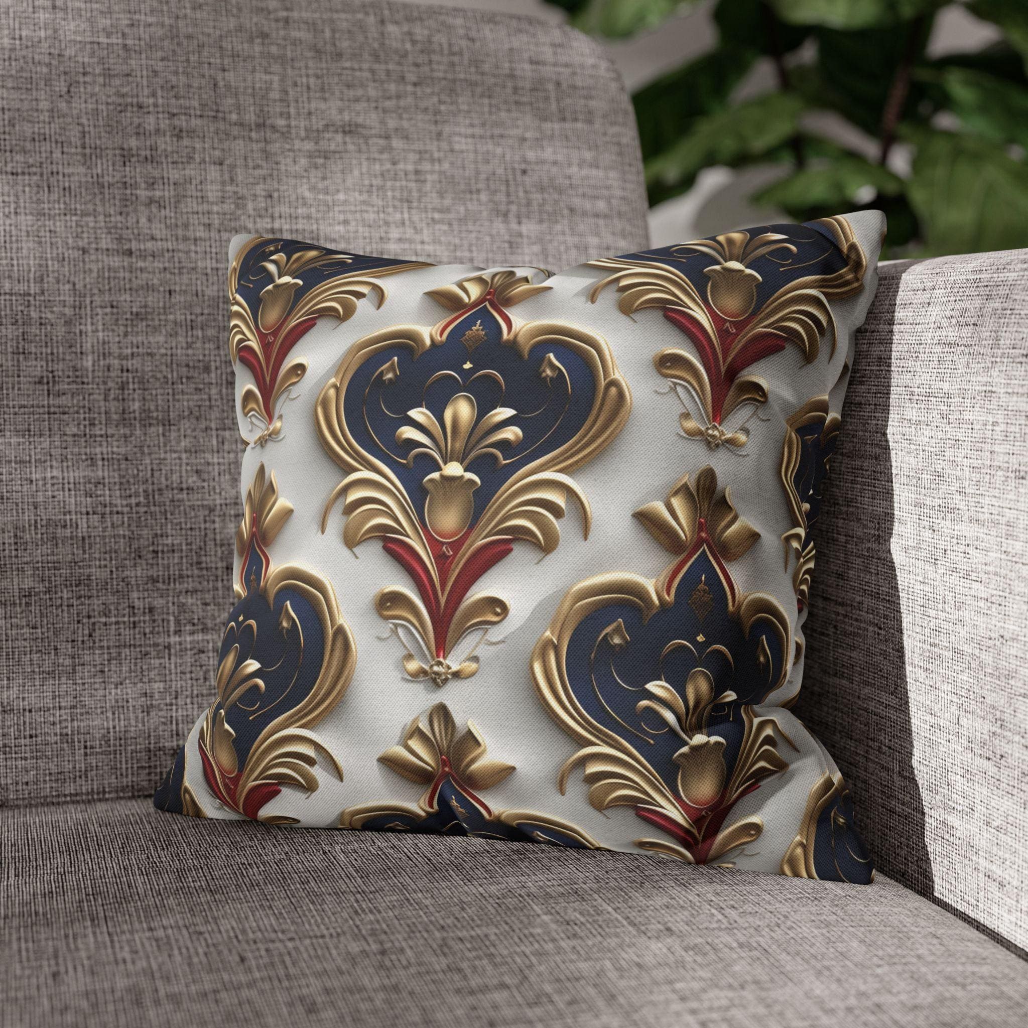 Baroque Pillow Cover: Navy, Gold & Red Fleur-de-Lis Design