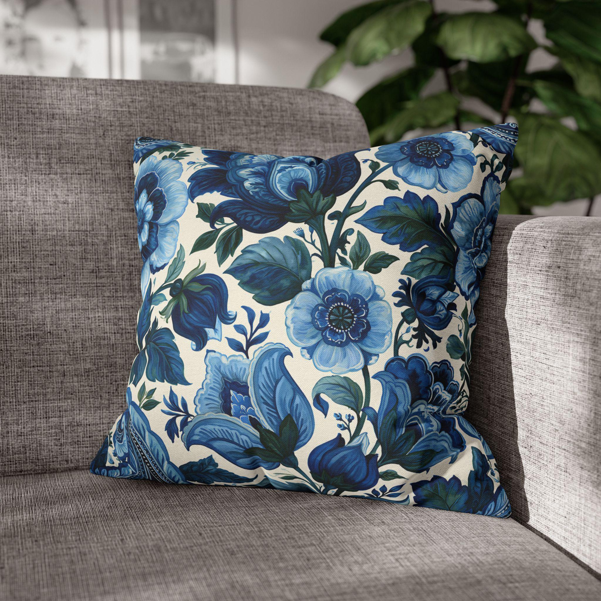 Blue and White Botanical Pillow Cover: Stylized Floral Vine Design