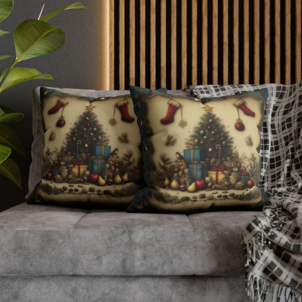 Vintage Style Christmas Nostalgia Pillow Cover: Holiday Tree with Gifts & Stockings