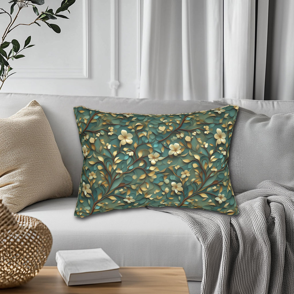 Luxurious William Morris Inspired Floral Lumbar Pillow: Green & Gold Botanical Design