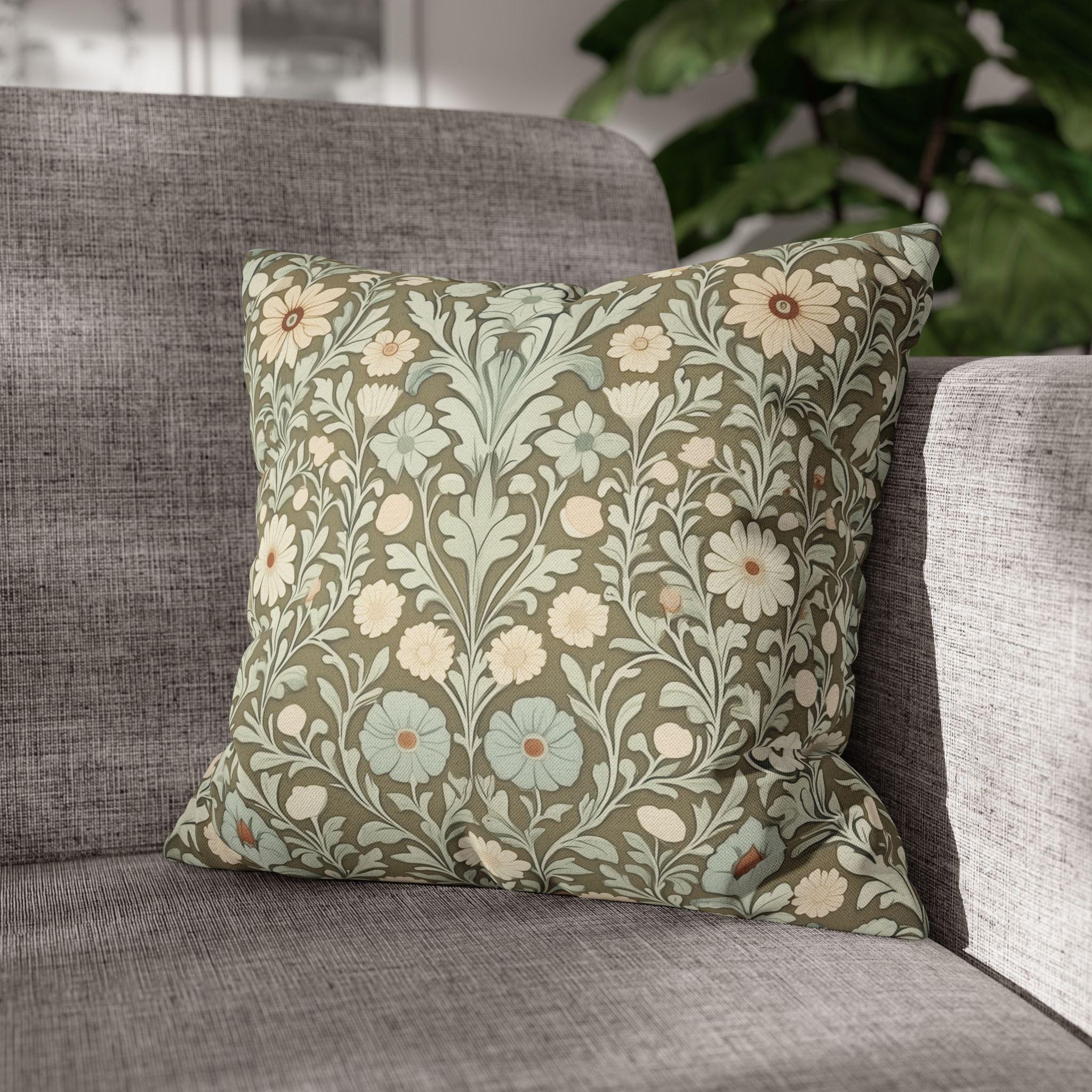 William Morris Inspired Botanical Pillow Cover: Sage, Cream & Peach Floral Pattern Cushion Case