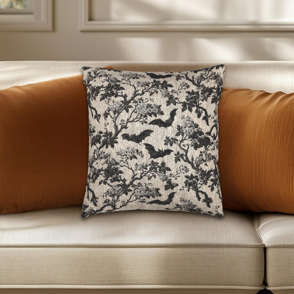 Chinoiserie Five Bats Woven Throw Pillow: Black and Cream Halloween Floral