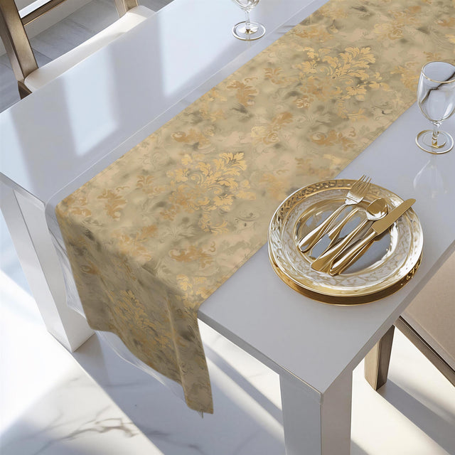 Classic Damask Pattern Table Runner: Soft Antique-Gold and Champagne-Beige