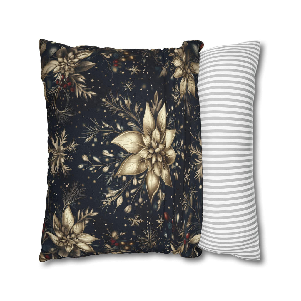 Elegant Holiday Pillow Cover | Golden Poinsettia Design | Navy Blue Background