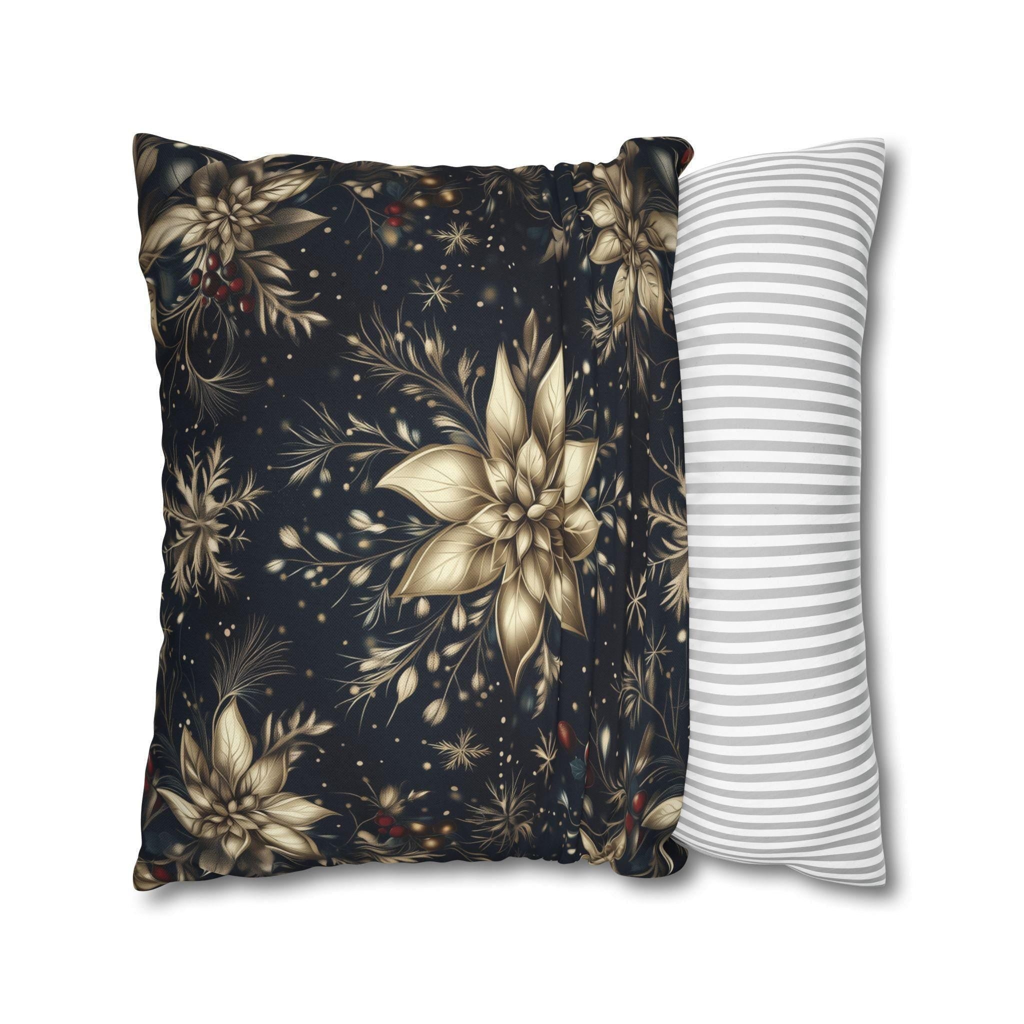 Elegant Holiday Pillow Cover | Golden Poinsettia Design | Navy Blue Background
