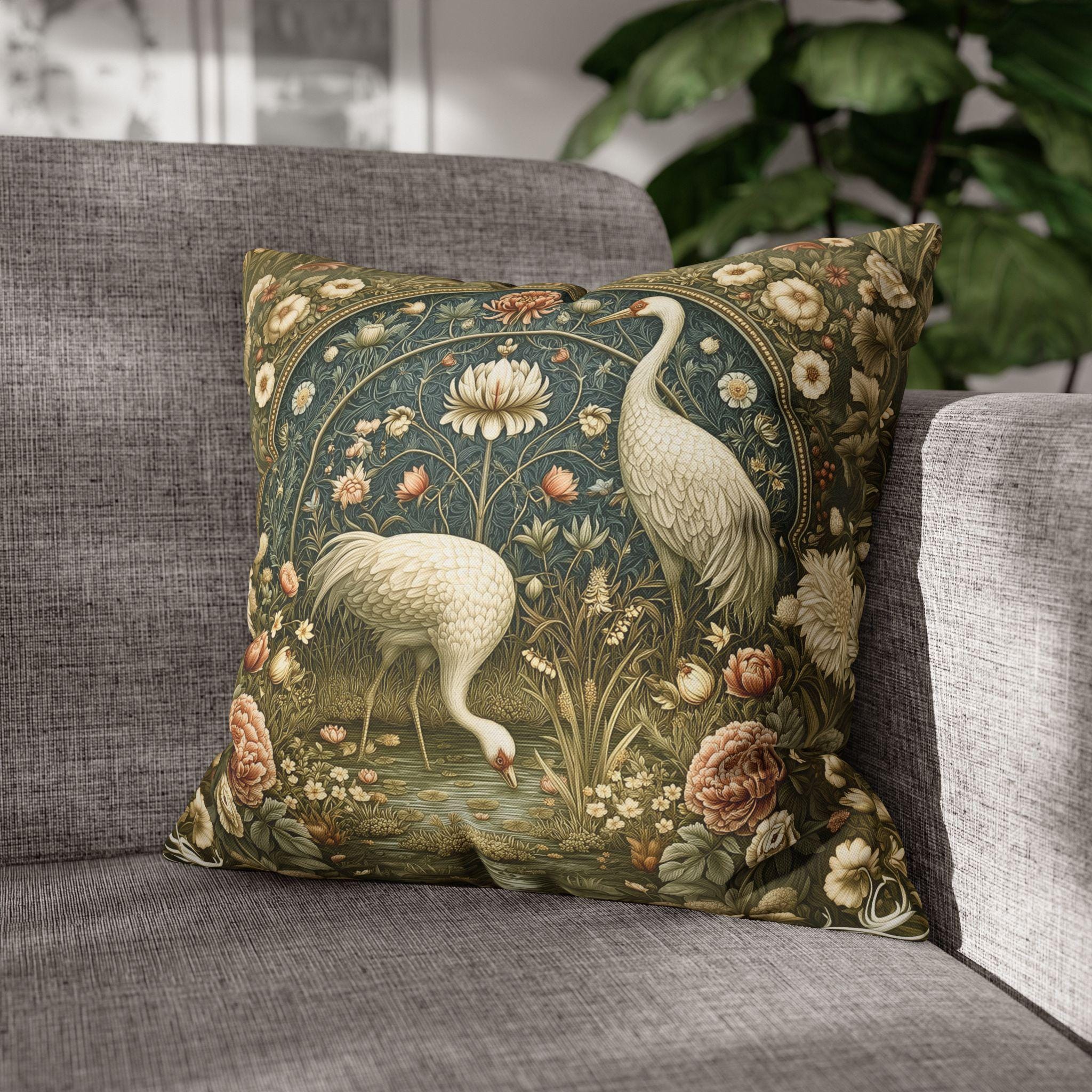 William Morris Style Throw Pillow Cover: Cranes and Marsh Botanicals
