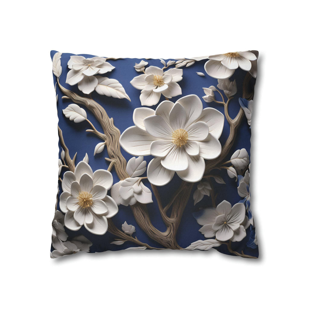 Elegant Chinoiserie White Blossom Pillow Cover | Blue Floral Art | Serene Asian-Inspired Decor