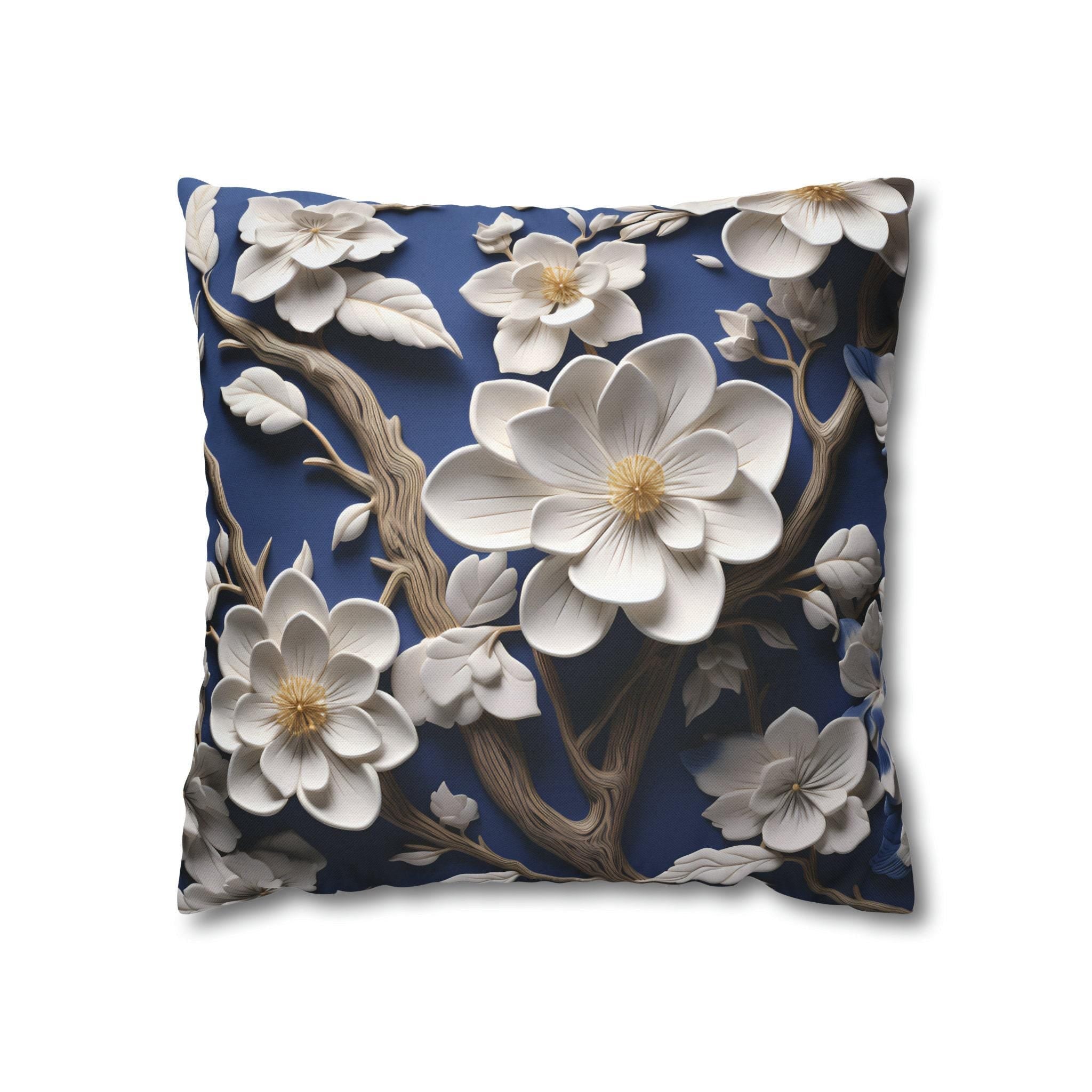 Elegant Chinoiserie White Blossom Pillow Cover | Blue Floral Art | Serene Asian-Inspired Decor