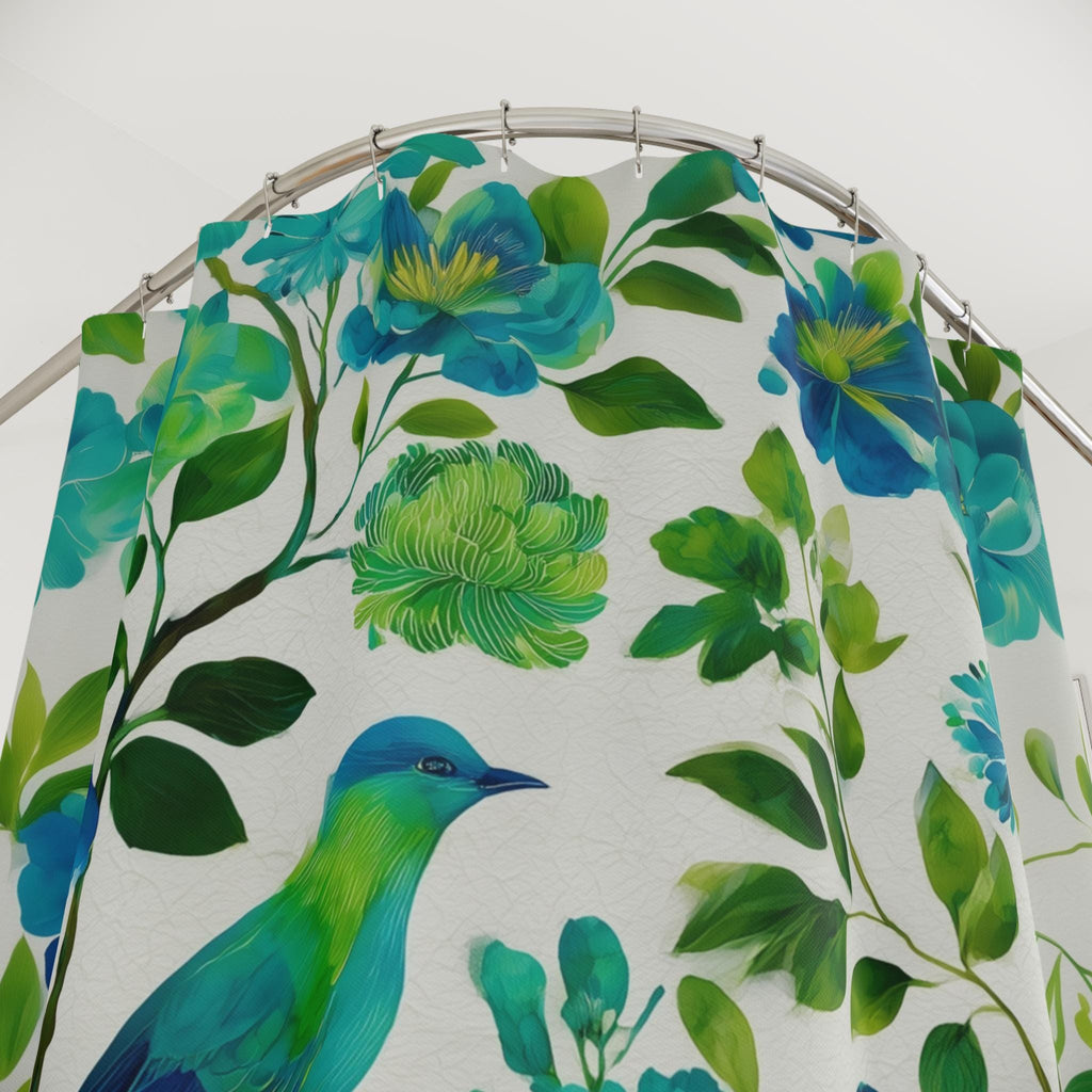 Elegant Chinoiserie Shower Curtain: Blue-Green Birds & Blossoms for Nature-Inspired Bath Decor