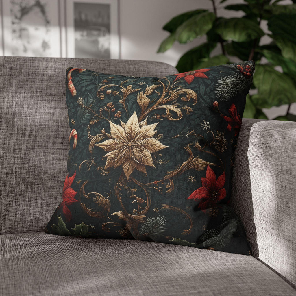 Dark Botanical Holiday Pillow Cover: Gold Poinsettia, Red Florals & Candy Canes on Deep Pine