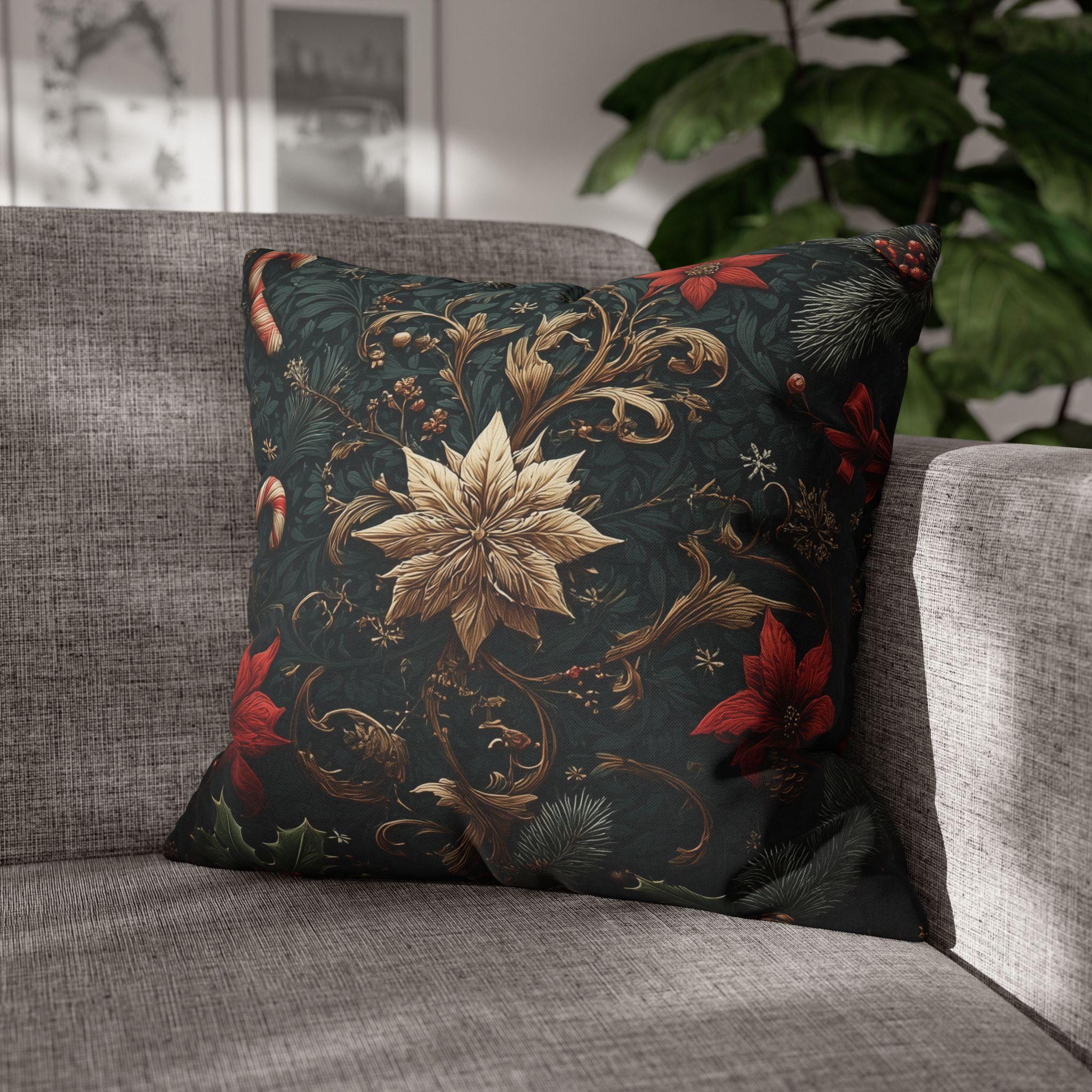 Dark Botanical Holiday Pillow Cover: Gold Poinsettia, Red Florals & Candy Canes on Deep Pine
