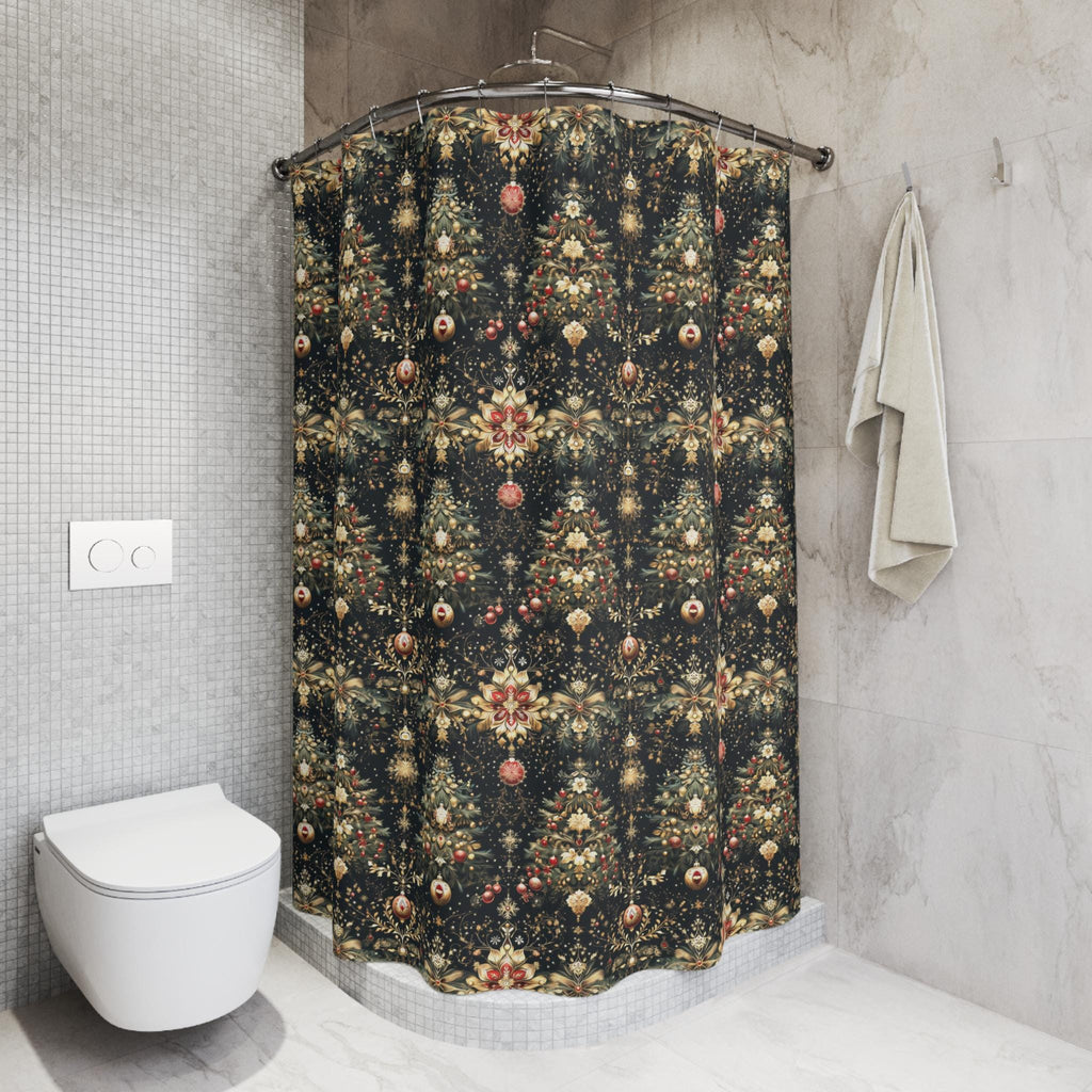 Luxe Christmas Tree Fabric Shower Curtain: Gold, Red & Green Holiday Decor