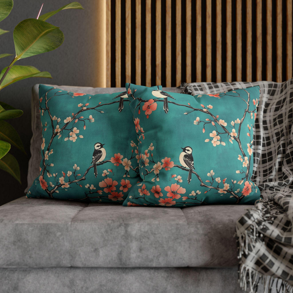 Elegant Chinoiserie Teal Bird Pillow Cover with Coral Blossoms for Nature-Inspired Home Decor