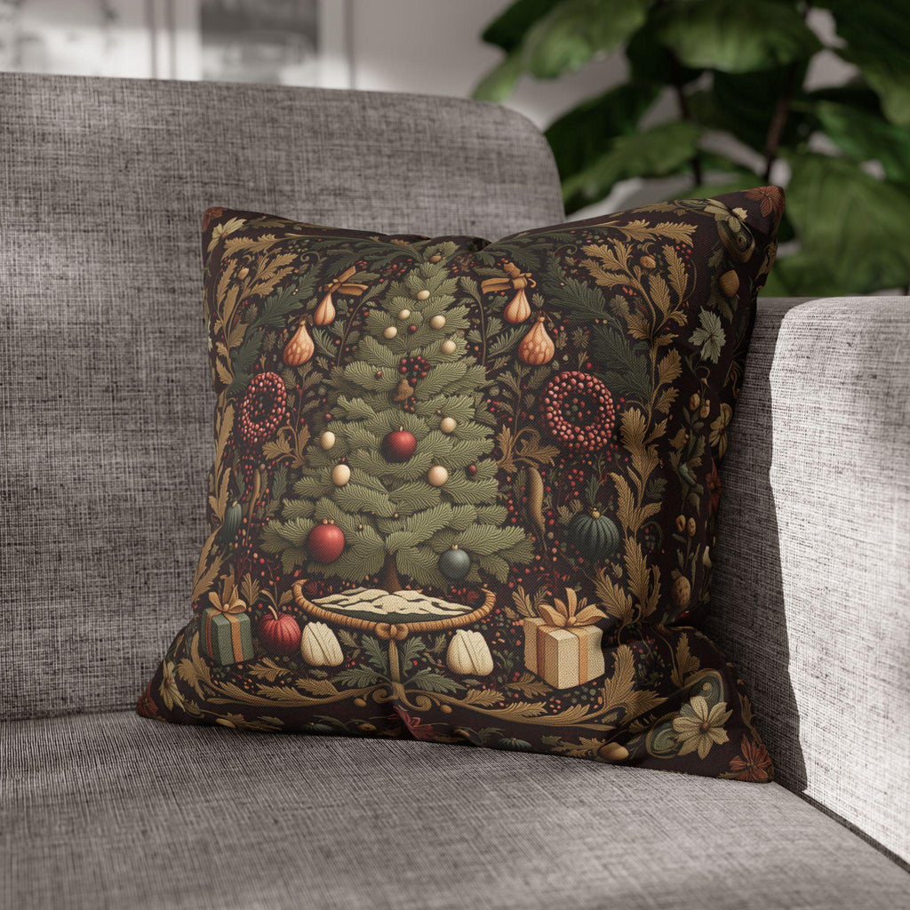 William Morris Christmas Tree Pillow Cover: Burgundy Holiday Tapestry Look