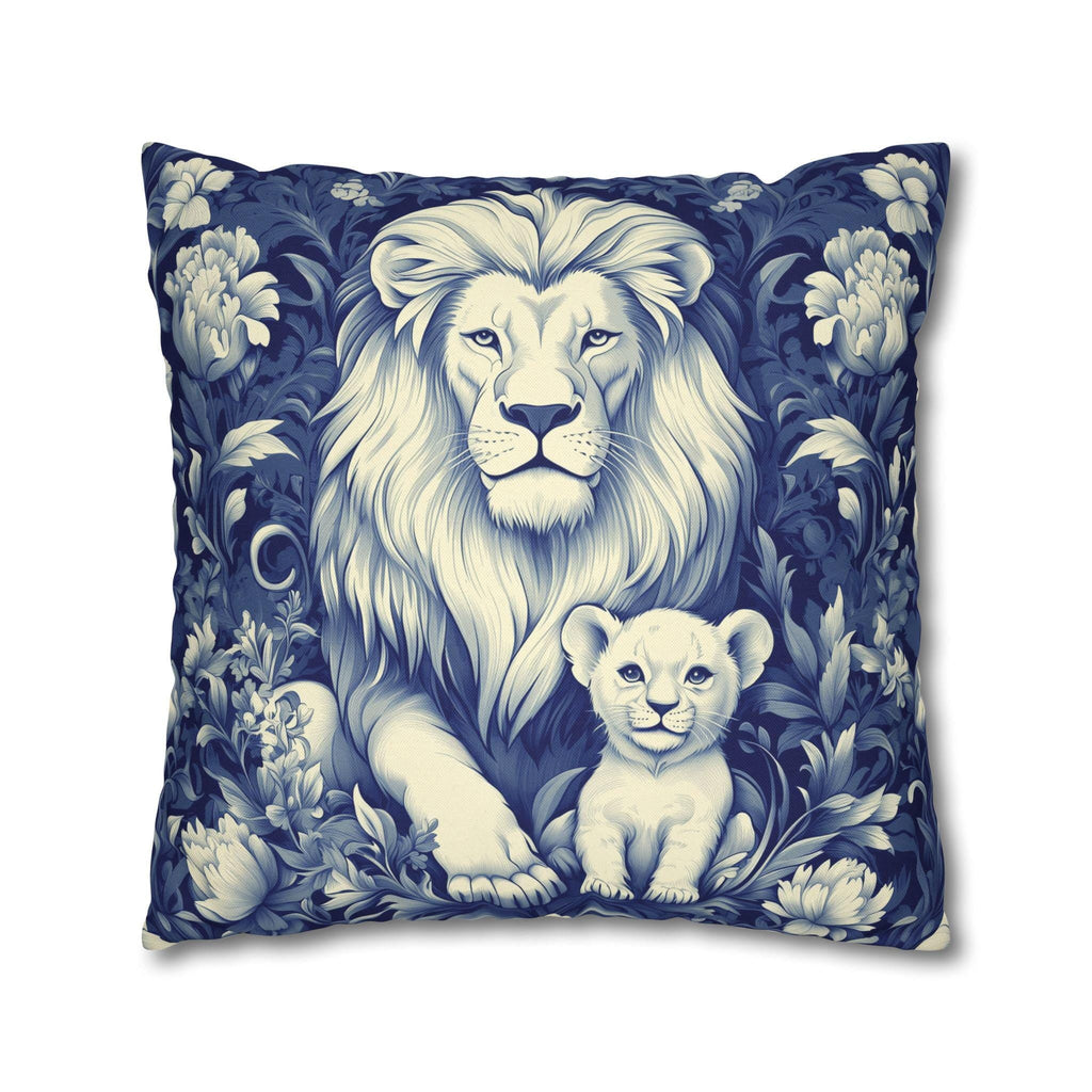 William Morris Inspired Lion Pillow Cover: Blue & White Floral Jungle Motif Decorative Cushion Case