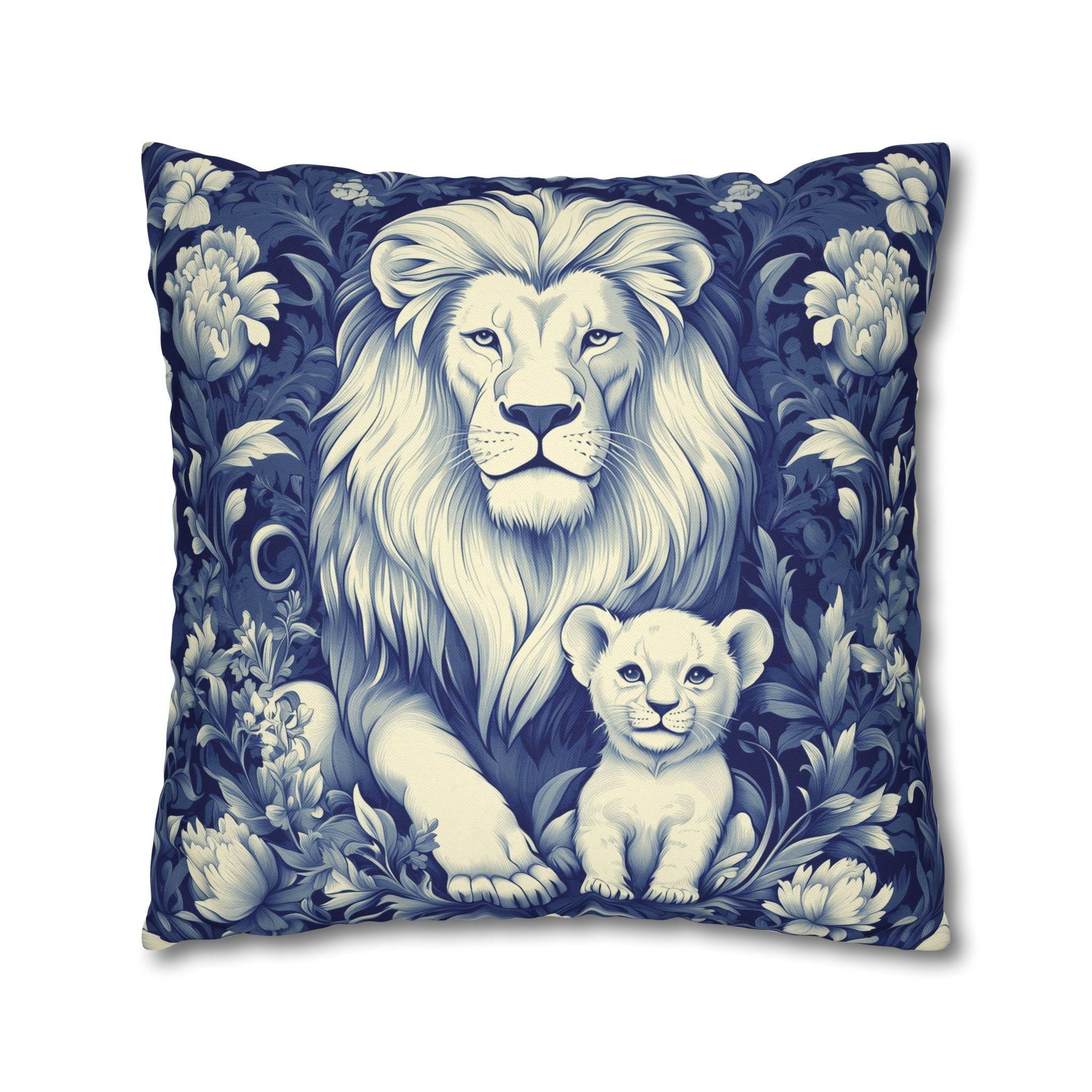 William Morris Inspired Lion Pillow Cover: Blue & White Floral Jungle Motif Decorative Cushion Case