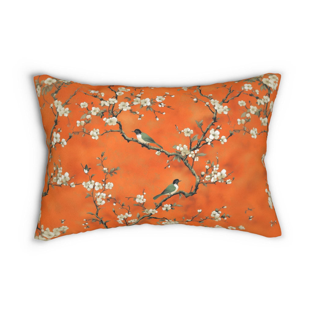 Elegant Chinoiserie Lumbar Pillow: Burnt Orange Asian-Inspired Floral Bird Design