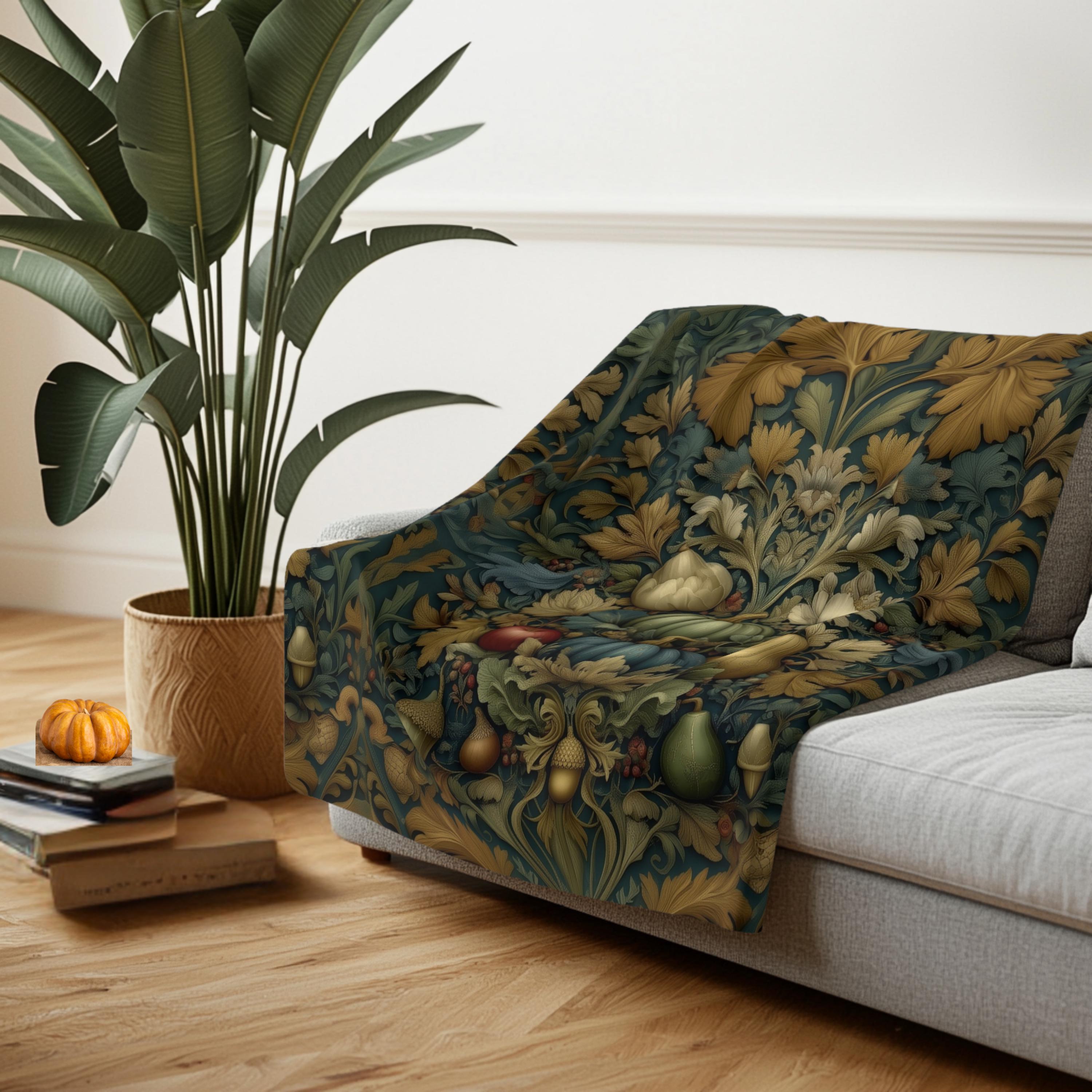 William Morris Inspired Throw Blanket: Autumn Harvest Thanksgiving Decor with Vintage Flair