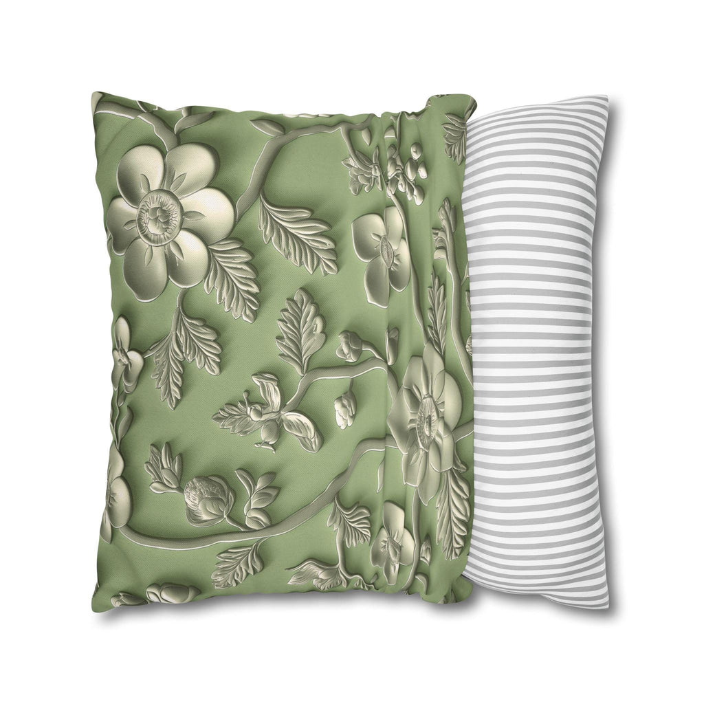 Elegant Chinoiserie Floral Pillow Cover: Green & Tan Pottery-Inspired Design for Timeless Asian Decor