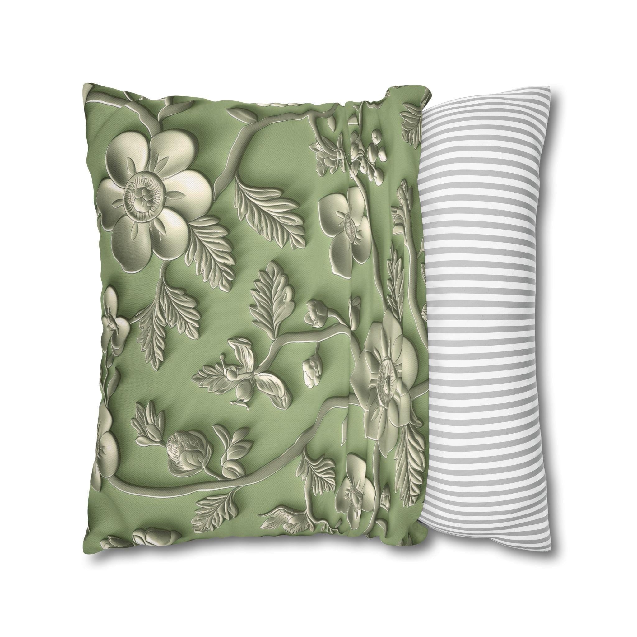 Elegant Chinoiserie Floral Pillow Cover: Green & Tan Pottery-Inspired Design for Timeless Asian Decor