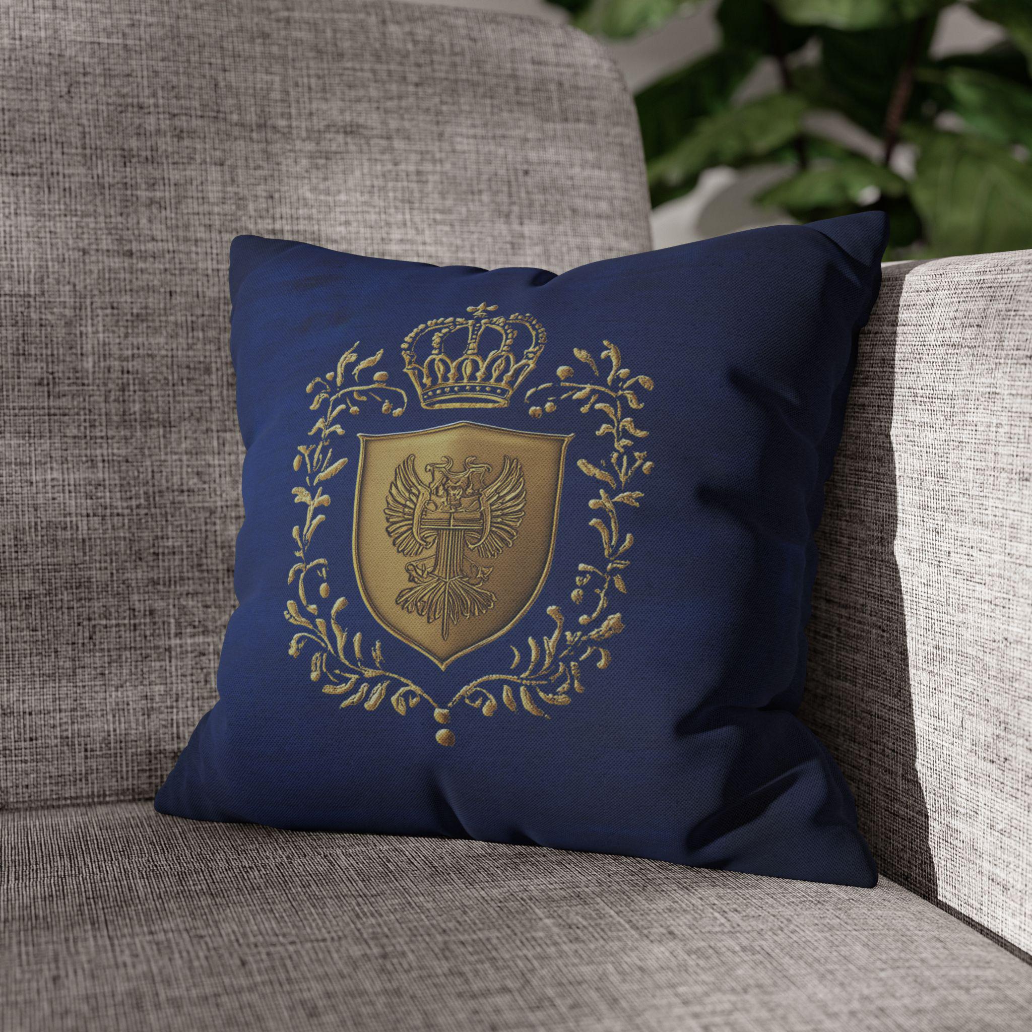 Royal Coat of Arms Pillowcase - Regal Golden Emblem on Royal Blue , Elegant Luxury Decor