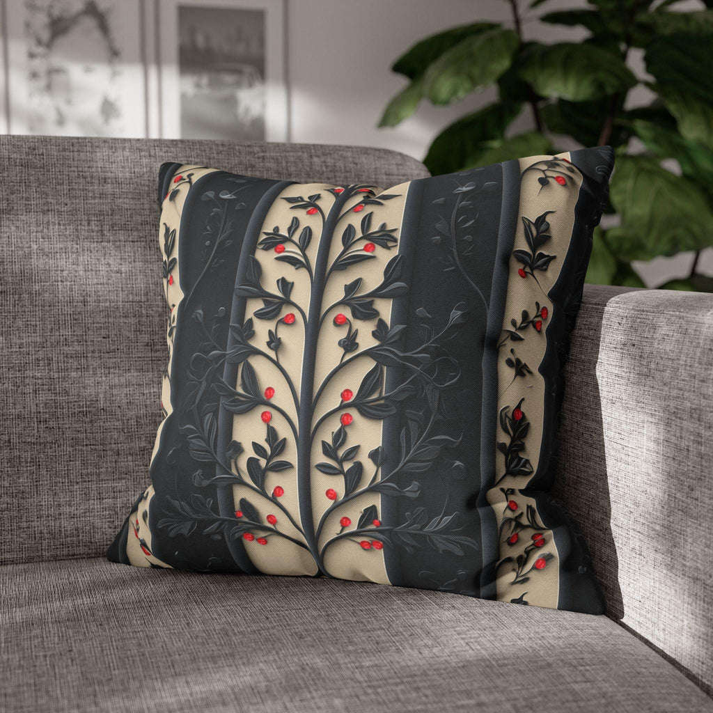 William Morris Christmas Pillow Cover: Charcoal-Navy & Ivory Stripes with Red Berries