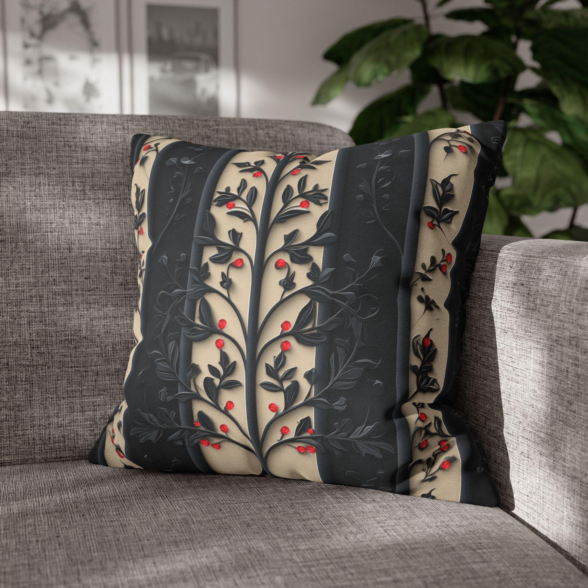 William Morris Christmas Pillow Cover: Charcoal-Navy & Ivory Stripes with Red Berries