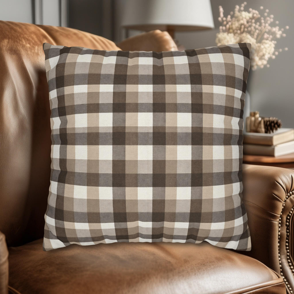 Neutral Brown Gingham Plaid Pillow Cover: Farmhouse Buffalo Check Accent