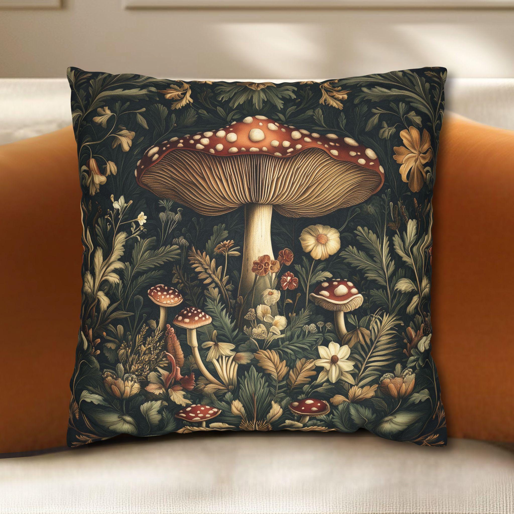 William Morris Botanical Mushroom Pillow Cover: Cottagecore Fungi Decor