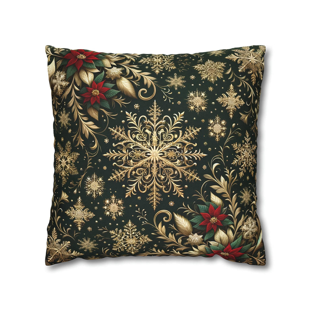 Poinsettia Christmas Holiday Throw Pillow Cover: Golden Snowflakes and Emerald Elegance Decorative Case