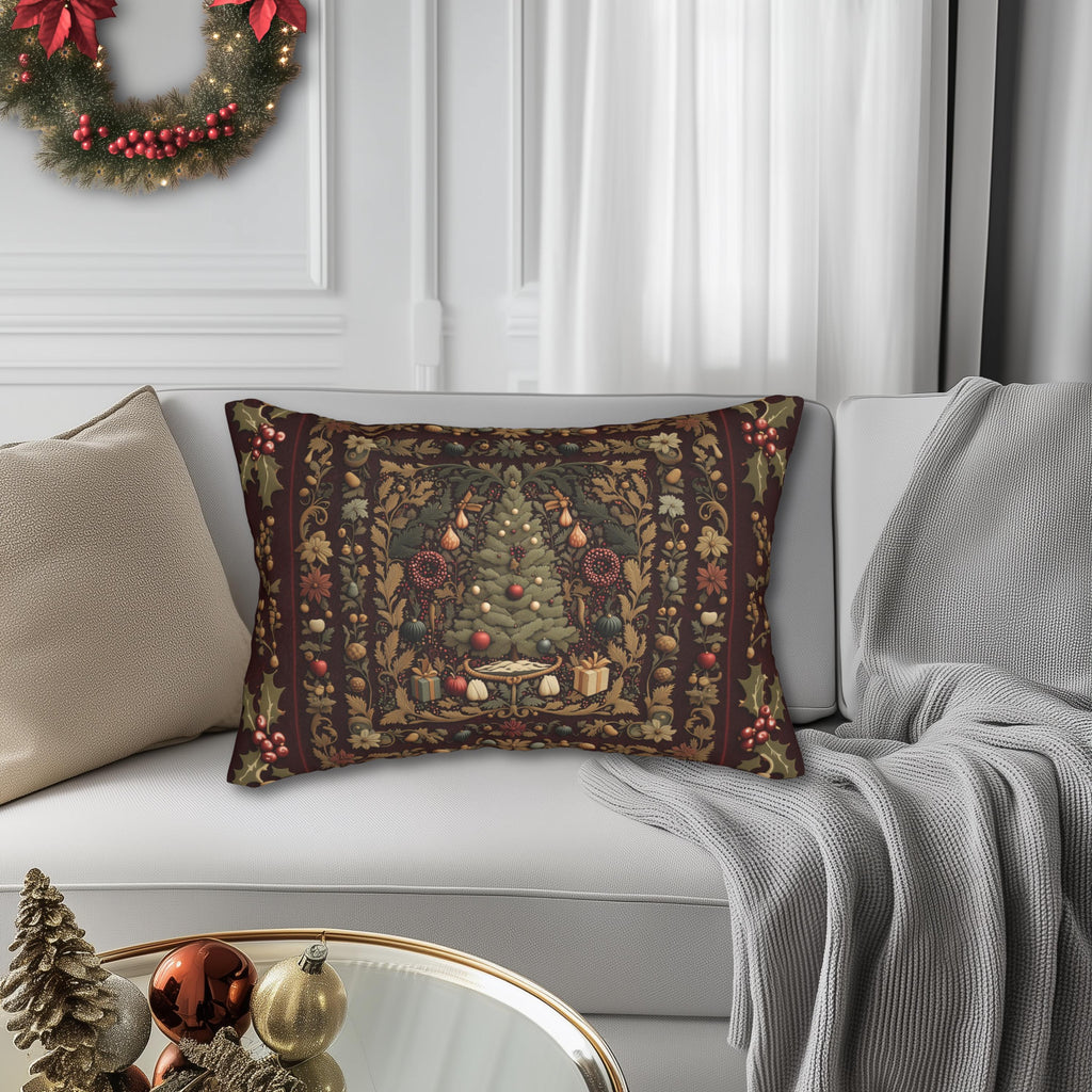 William Morris Christmas Tree Lumbar Pillow: Burgundy Holiday Tapestry Look