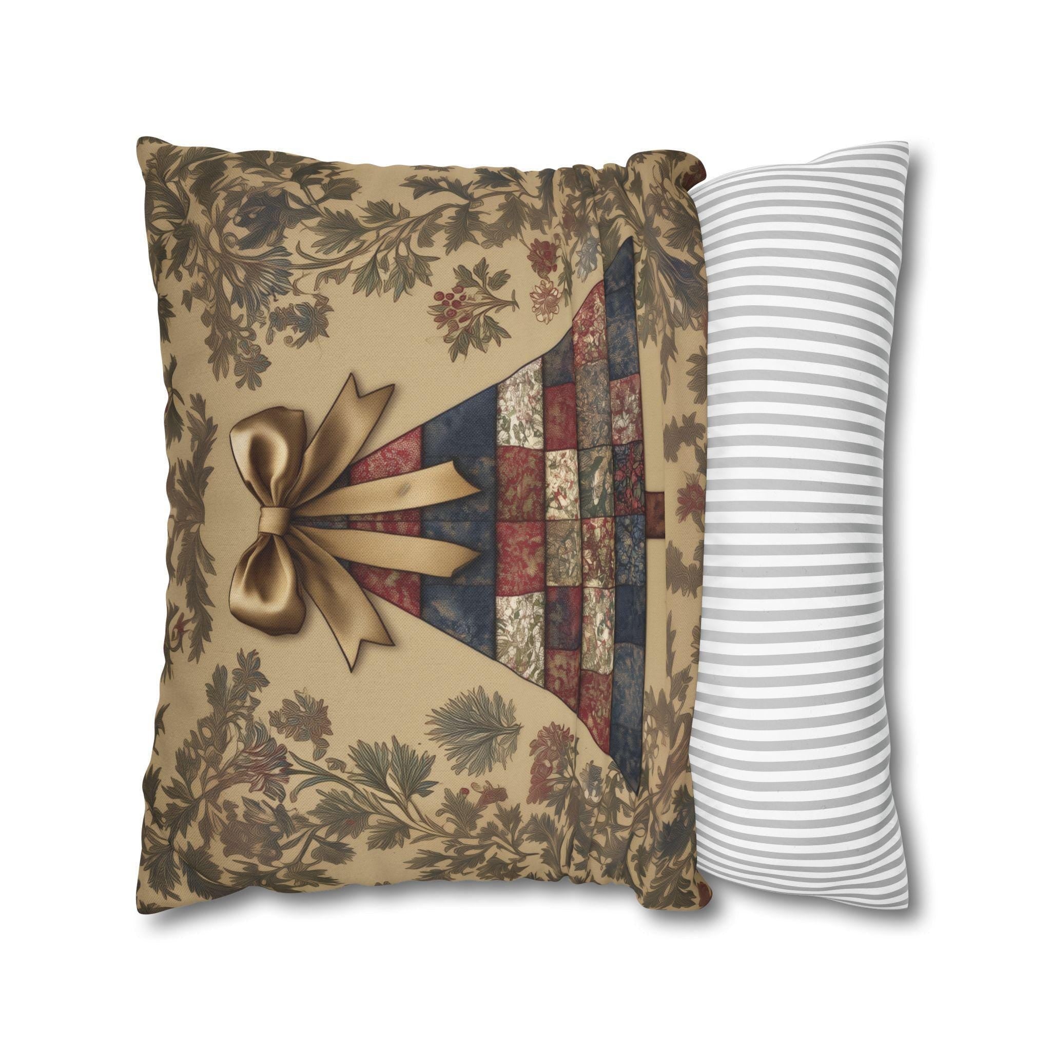 William Morris Christmas Tree Pillow Cover: Quilted Look Navy, Red & Gold Botanicals