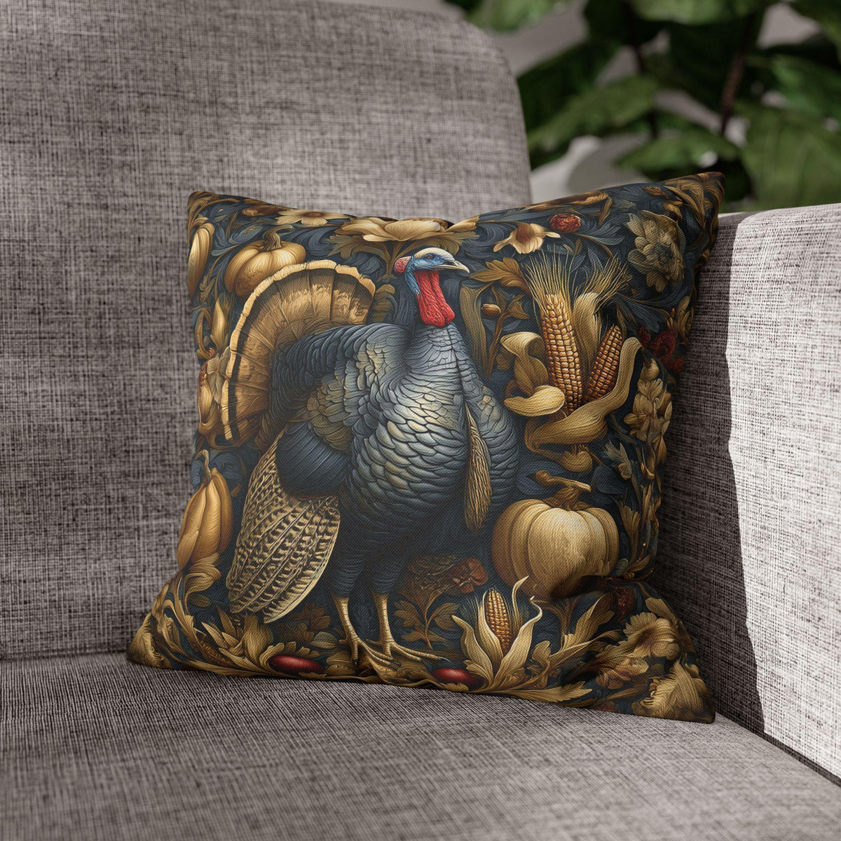 William Morris Autumn Pillow Cover: Botanical Thanksgiving Turkey Decor, Grey-Blue and Gold
