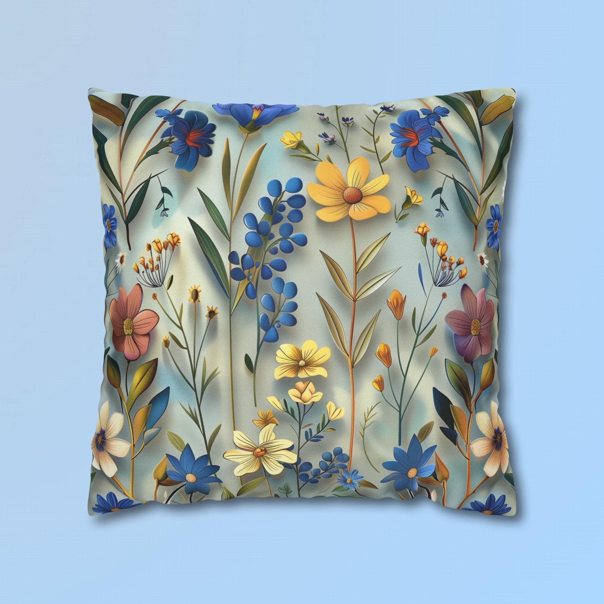 Floral Garden Pillow Cover: Rich Blue Yellow Pink Flowers