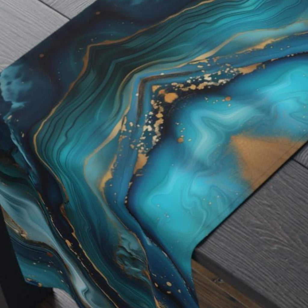 Elegant Ocean Wave Table Runner: Teal, Blue & Gold Accents for Sophisticated Dining Decor