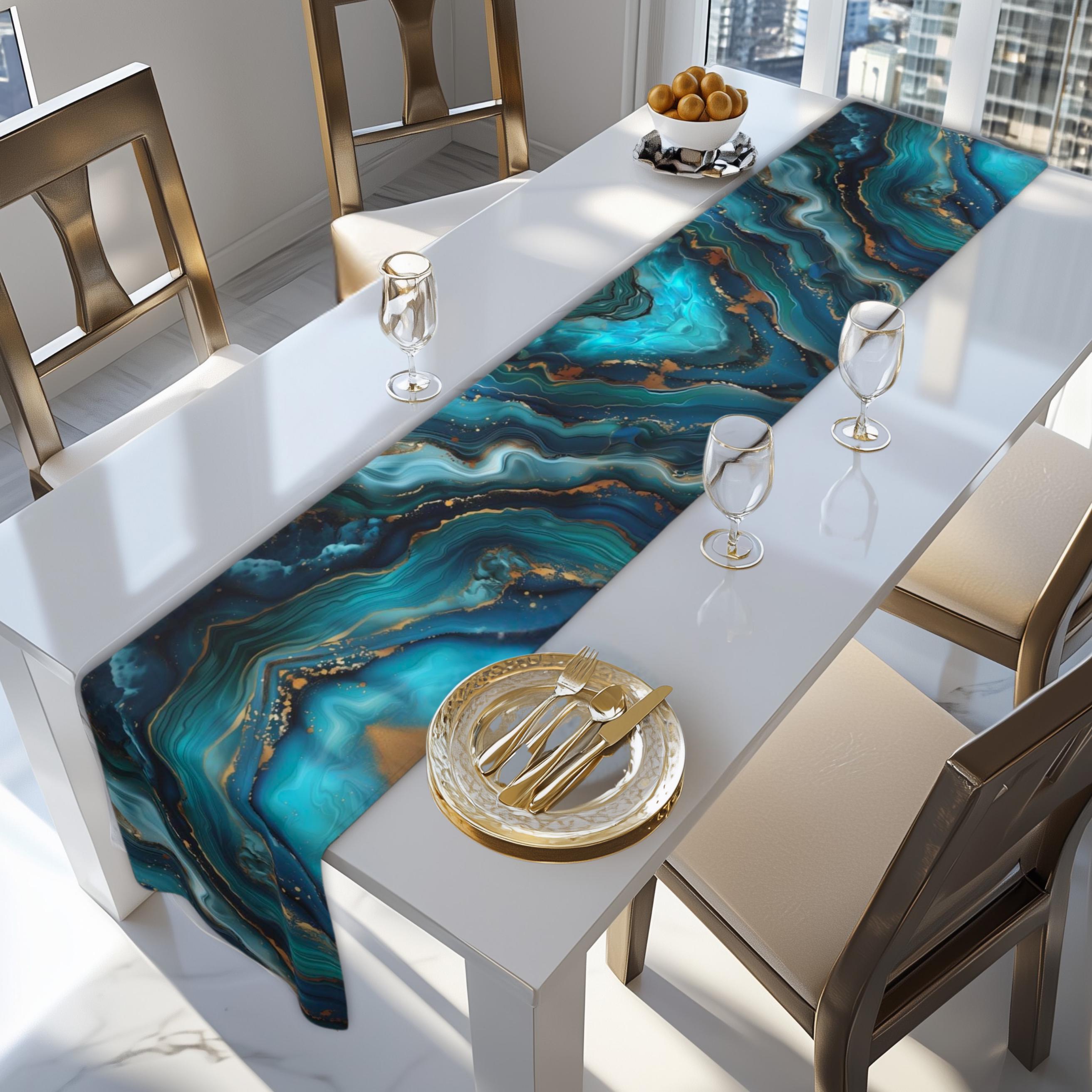 Elegant Ocean Wave Table Runner: Teal, Blue & Gold Accents for Sophisticated Dining Decor