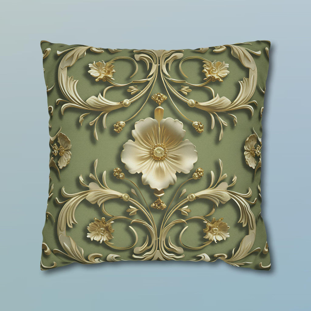 French Baroque Floral Pillow Cover: Sage Green & Gold Vintage Cushion