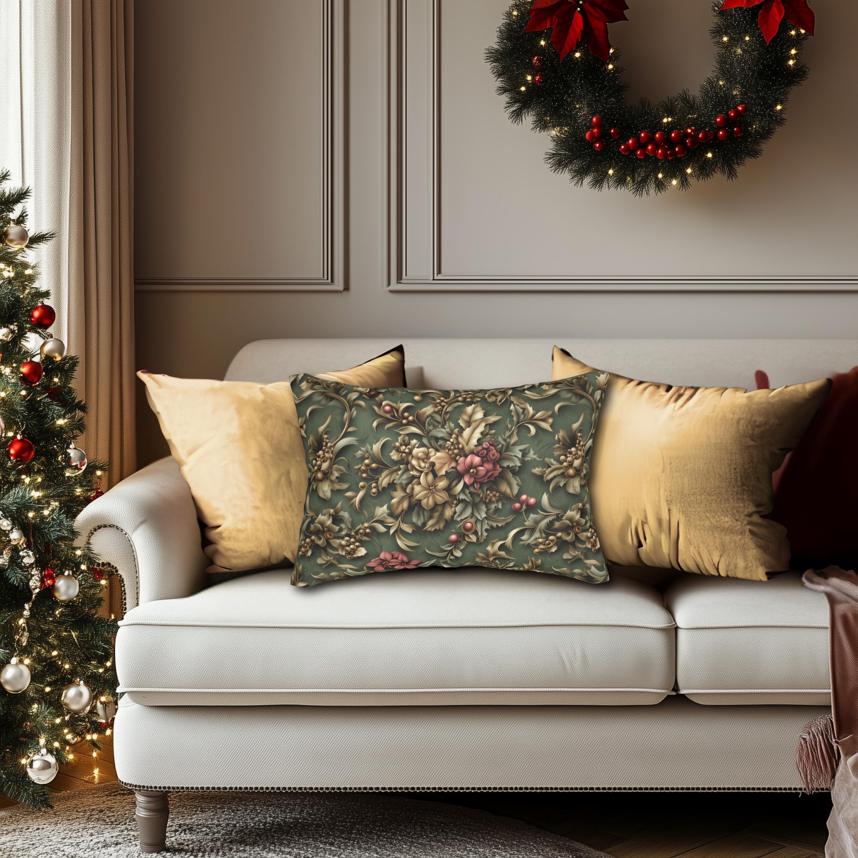 William Morris Inspired Holly & Poinsettia Christmas Lumbar Pillow: Deep Pine Sage, Brassy  Gold, Cranberry