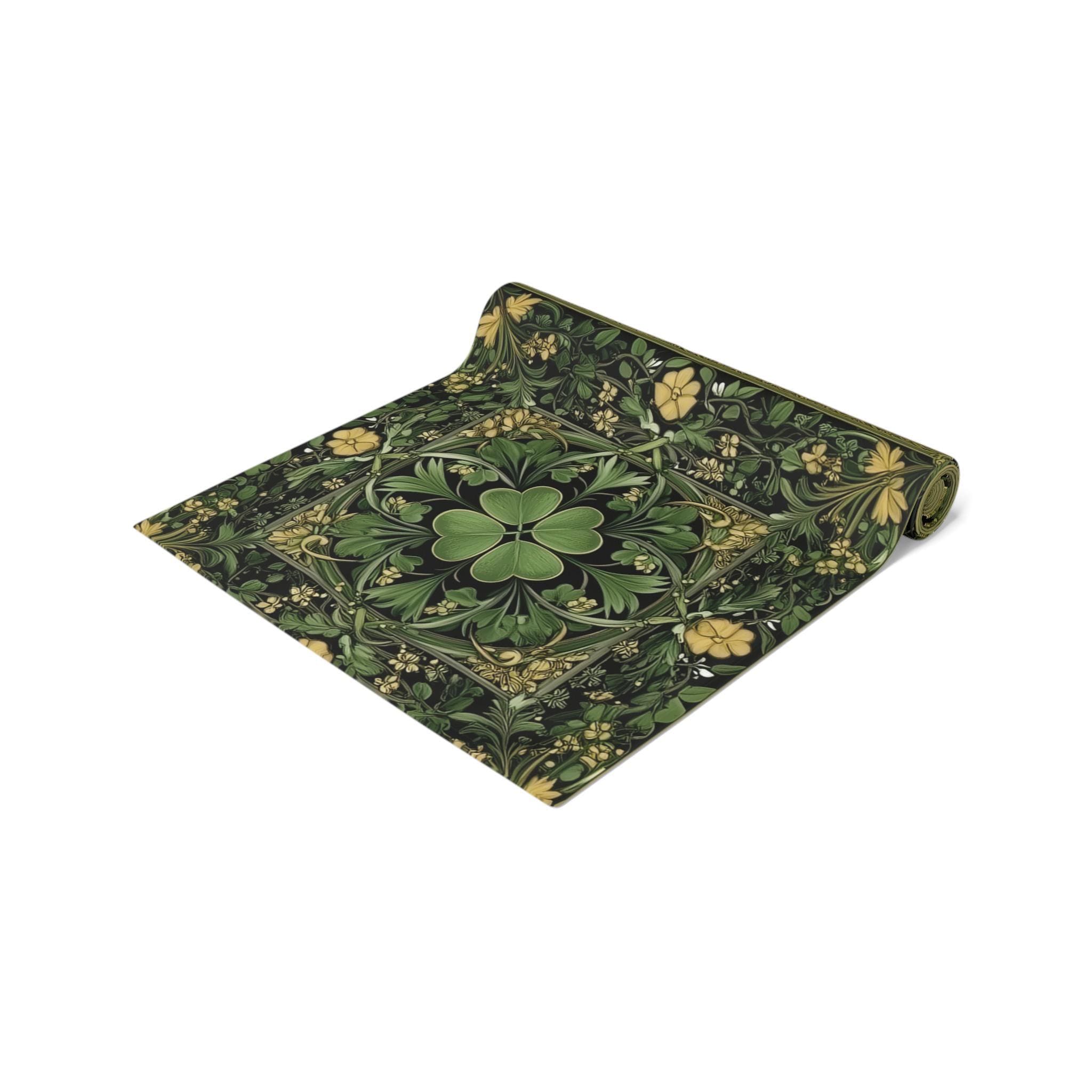 Celtic Clover Botanical Table Runner: William Morris Inspired Green Tapestry