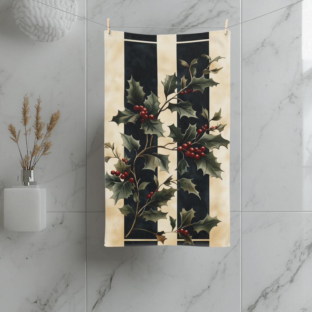 Holly & Stripes Christmas Tea Towel, Elegant Green Red Kitchen Decor