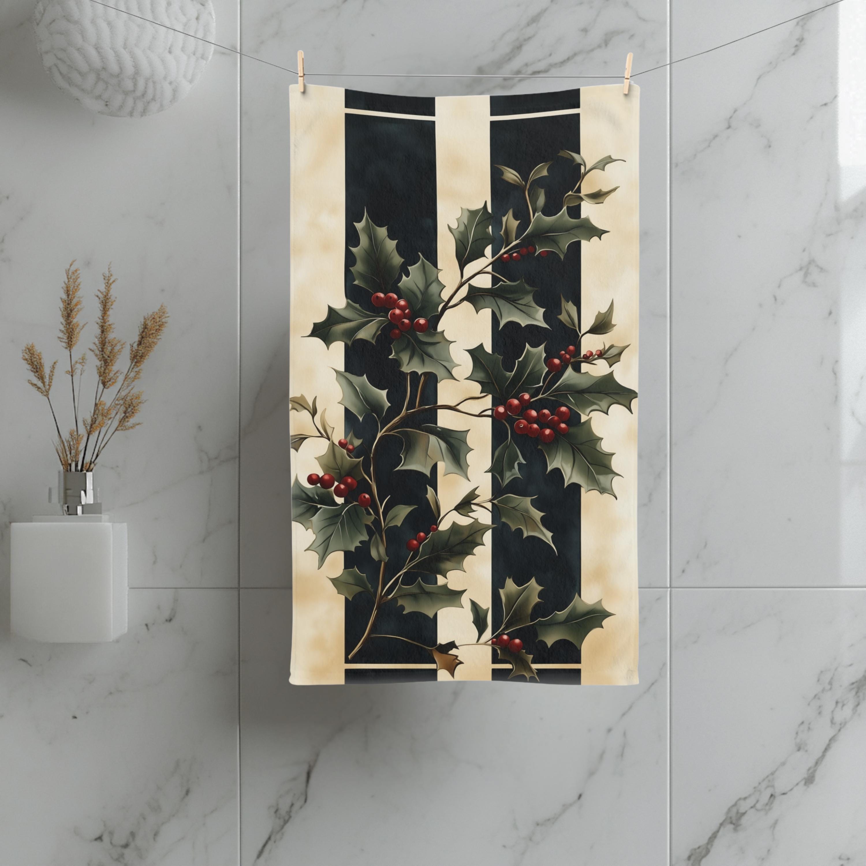Holly & Stripes Christmas Tea Towel, Elegant Green Red Kitchen Decor