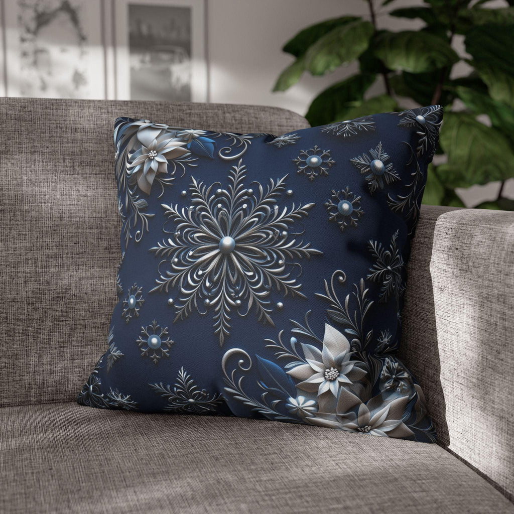 Winter Blue Silver Poinsettia Snowflake Pillowcase, Holiday Decor Square Throw Pillow Cover