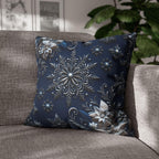 Winter Blue Silver Poinsettia Snowflake Pillowcase, Holiday Decor Square Throw Pillow Cover