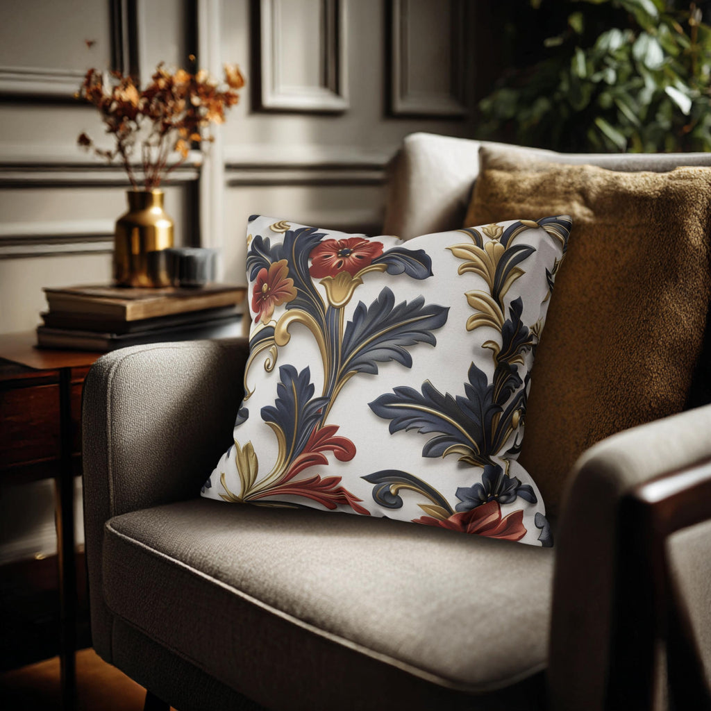 Luxurious Baroque-Inspired Floral Pillow Cover: Navy, Gold, Red on White Background