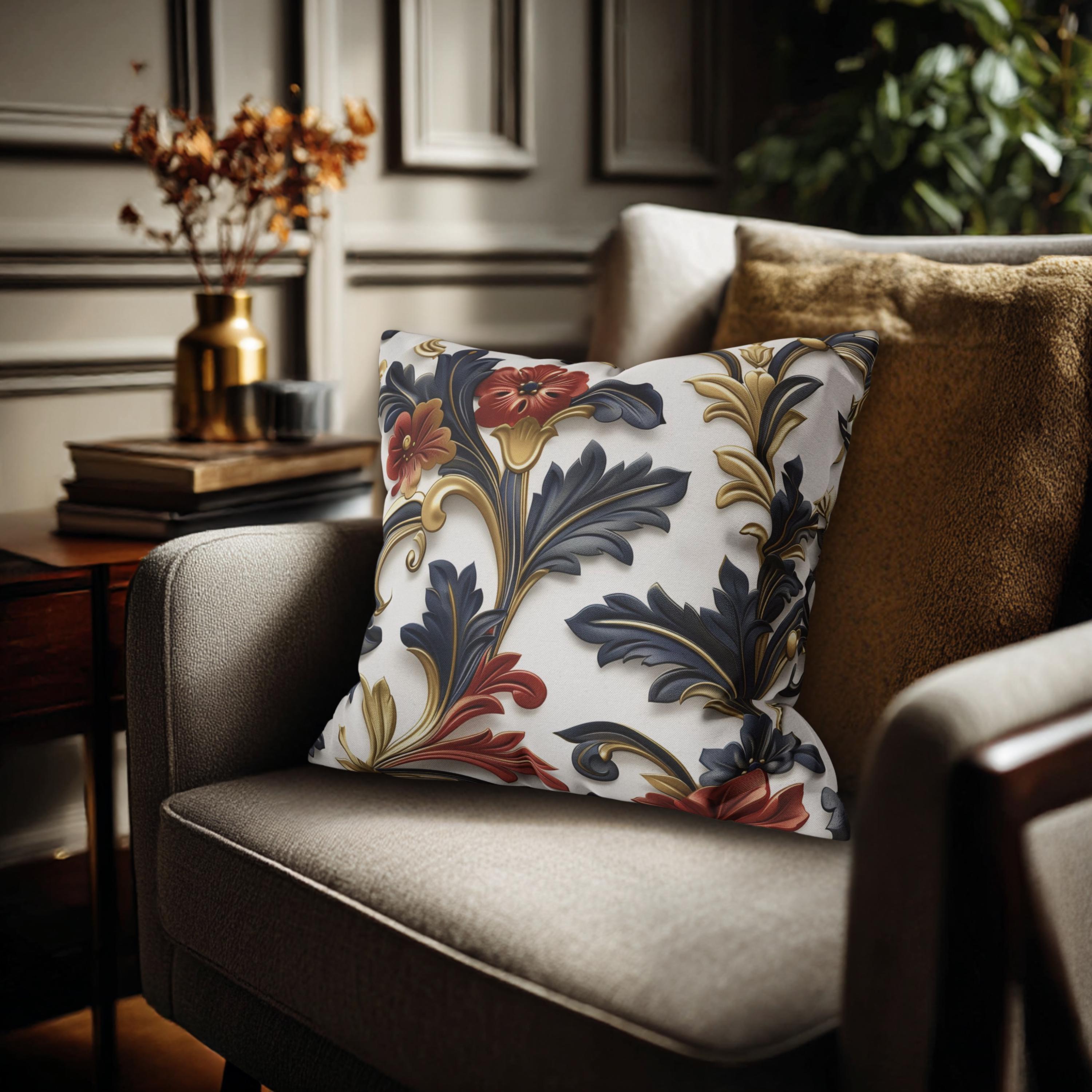 Luxurious Baroque-Inspired Floral Pillow Cover: Navy, Gold, Red on White Background