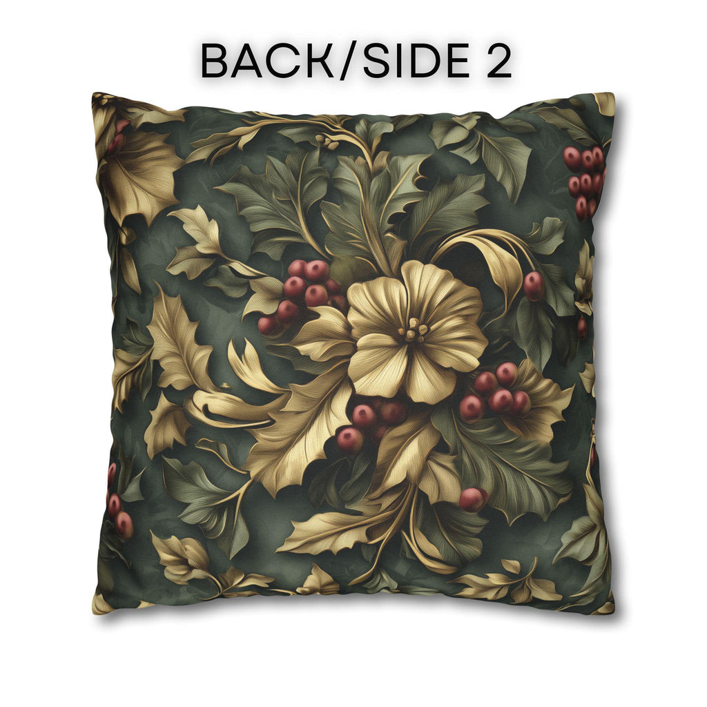 William Morris Inspired Holly & Berries Pillow Cover: Evergreen, Antique Gold, Cranberry
