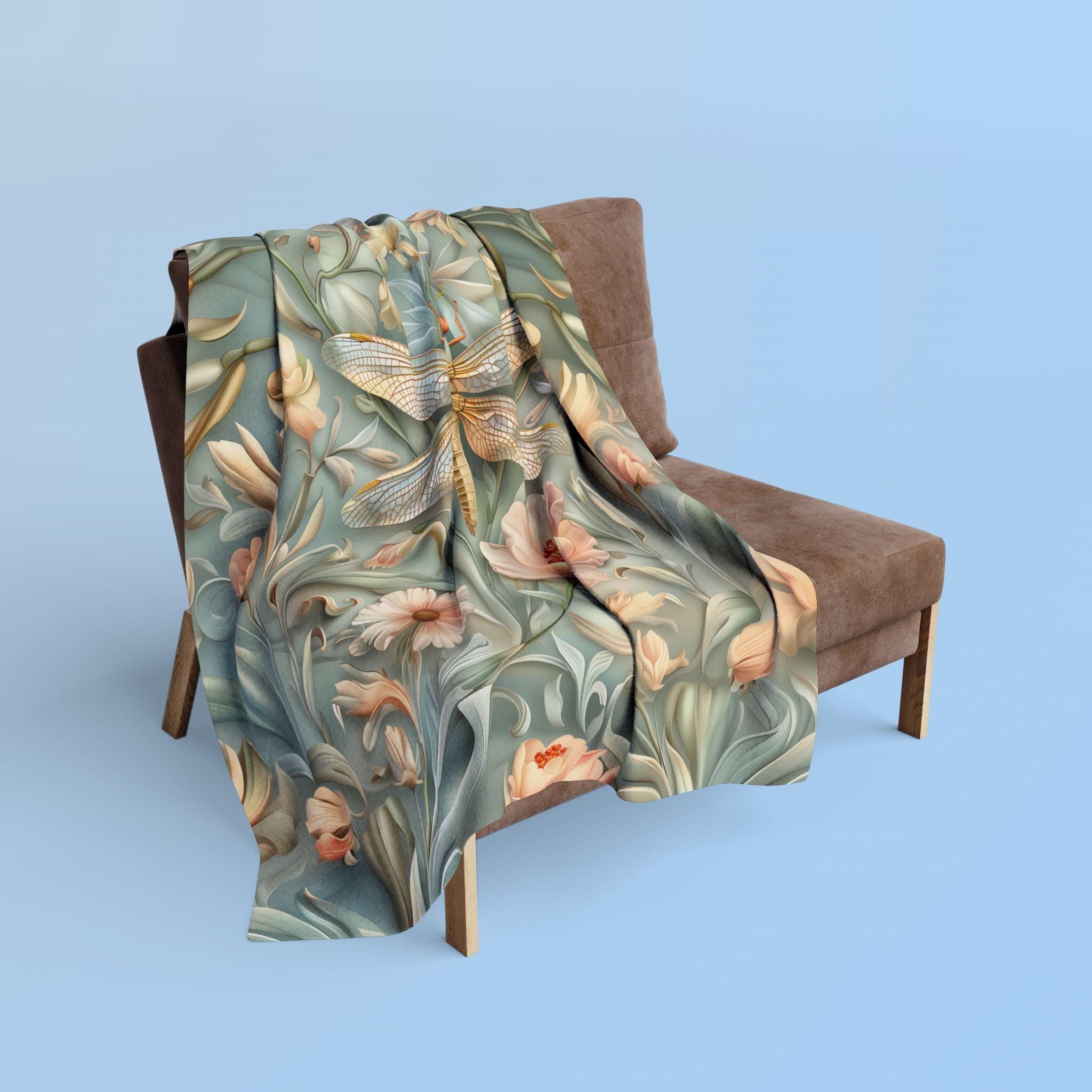 Luxurious William Morris Dragonfly Fleece Throw: Blue & Gold Wings, Pink Flowers, Elegant Nature Design